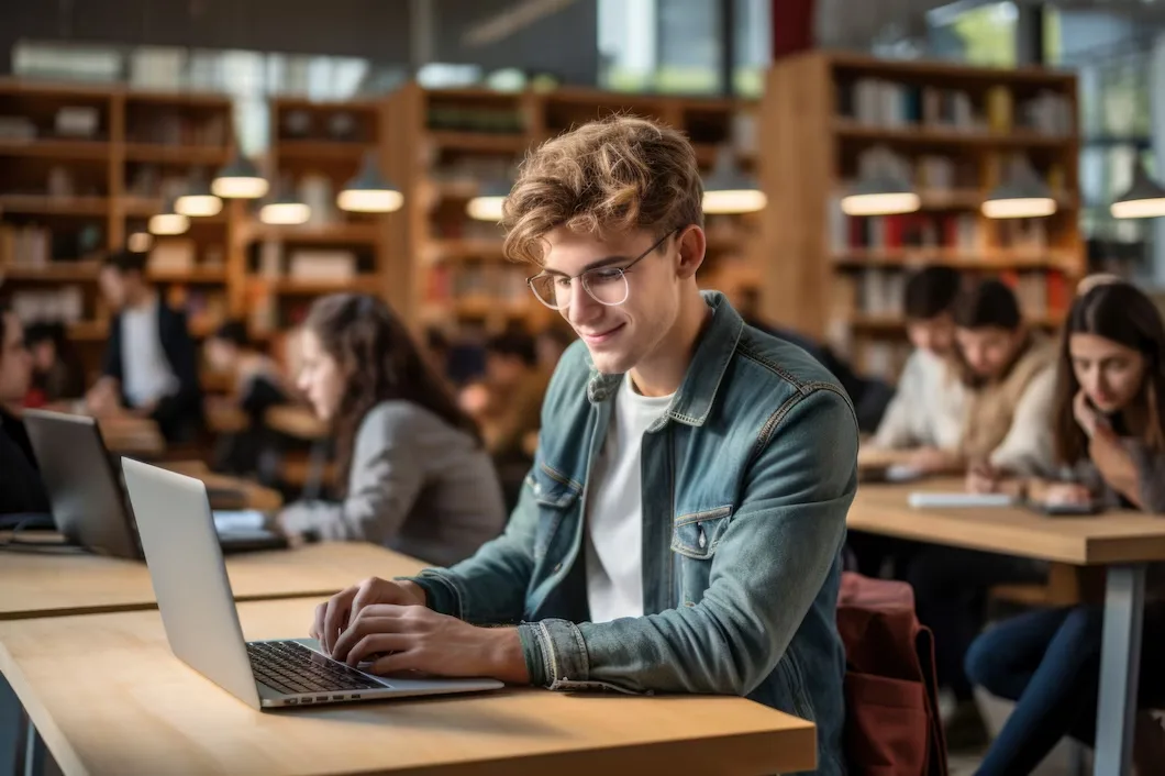 Junge Fachkraft arbeitet in einer Bibliothek am Laptop