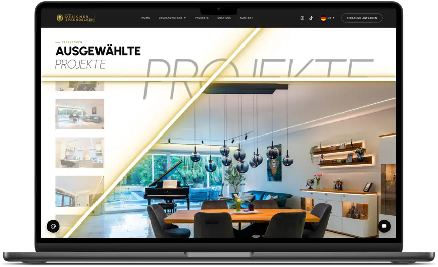 Designer Spanndecken: Website auf einem Laptop